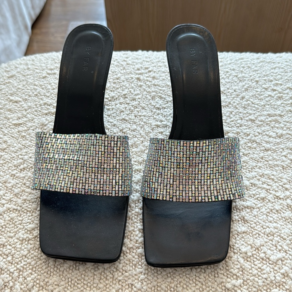 By Far Black Leather Crystal Embellished Heels